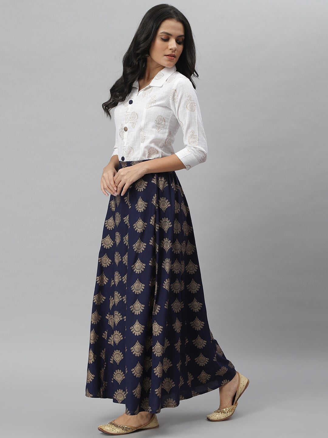 Gold Printed Rayon Shirt & Skirt Set (Off White,Blue) - Image 5
