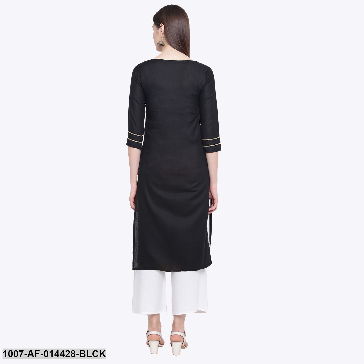 Gold Print Cotton Straight Kurta Palazzo Set (Black,White) - Image 2