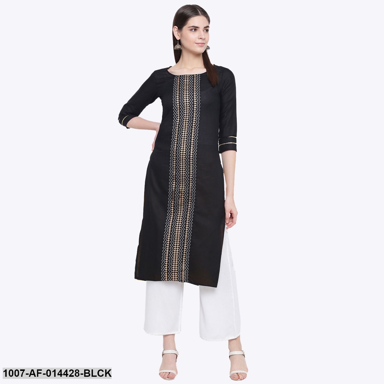 Gold Print Cotton Straight Kurta Palazzo Set (Black,White) - Image 4