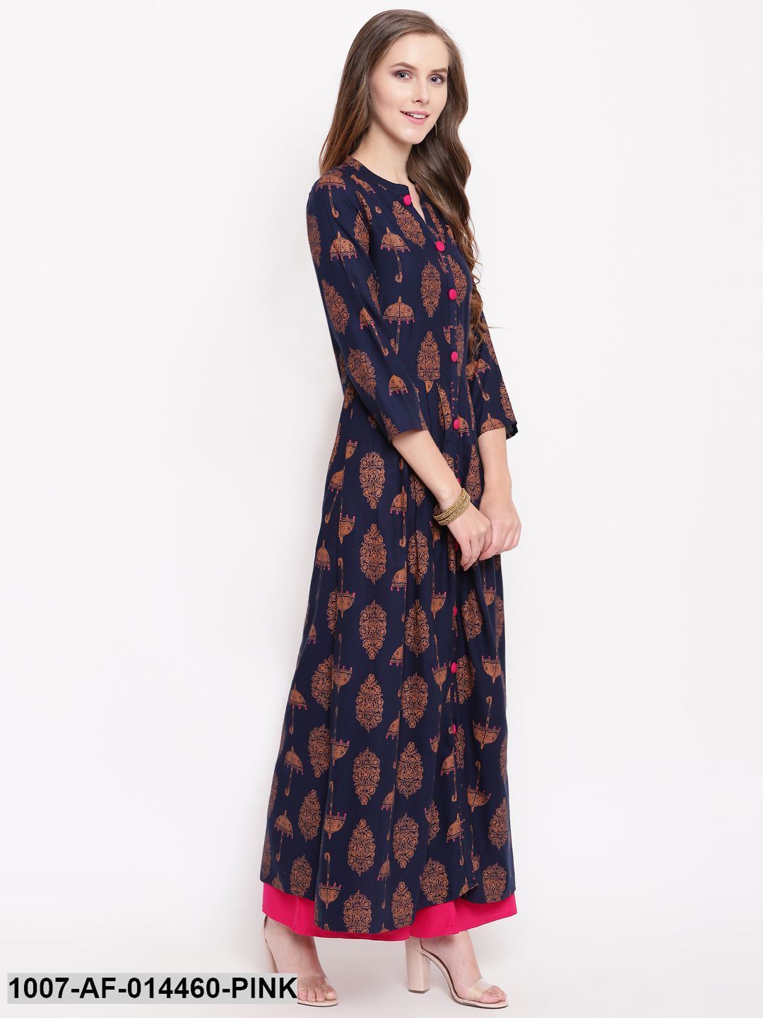 Umbrella Print Rayon A-Line Kurta Palazzo Set (Navy Blue,Pink) - Image 3