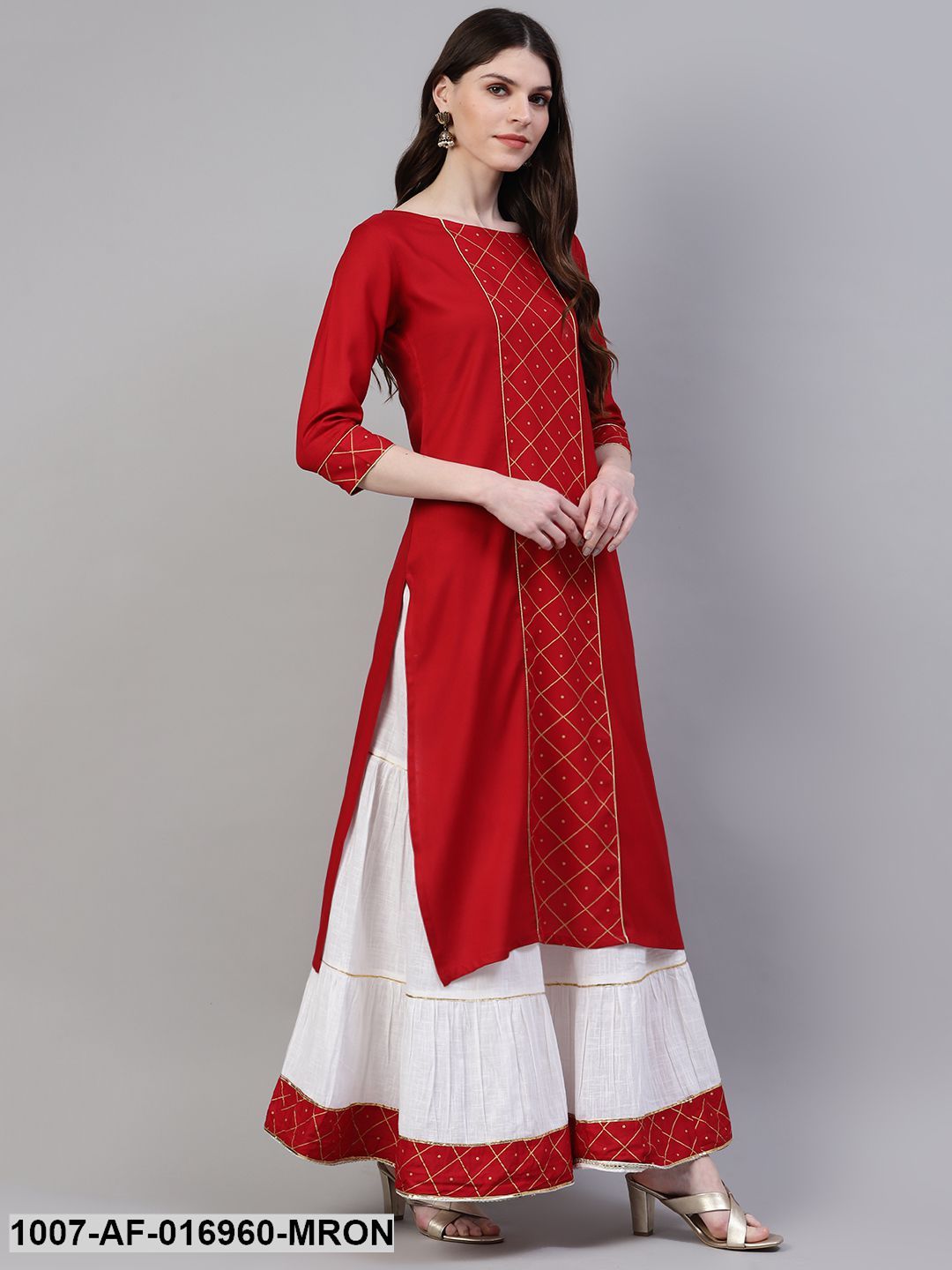 Printed Rayon Straight Kurta Skirt Set (Maroon) - Image 7