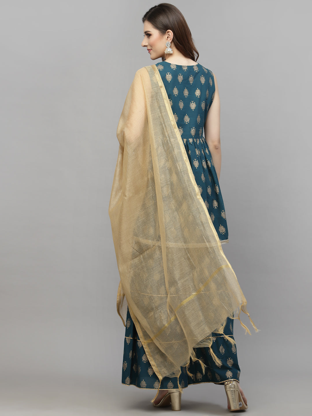 Gold Printed Cotton Kurta Sharara Dupatta Set - Image 3