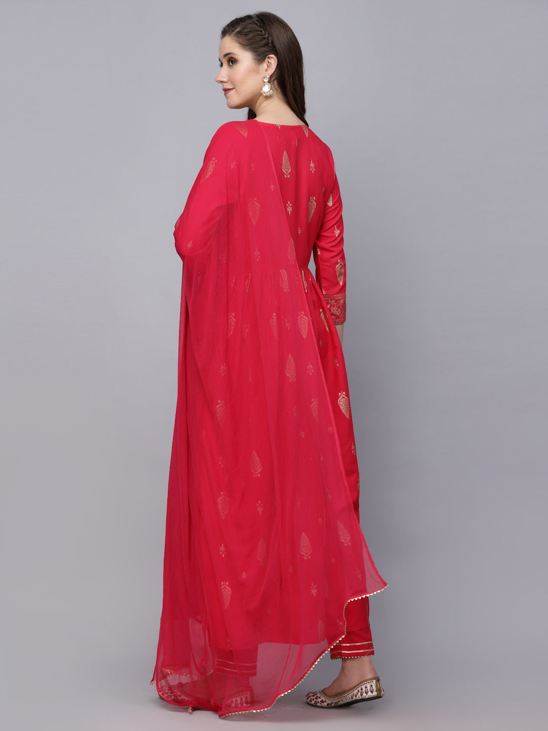 Gold Printed Rayon Naira Cut Kurta Pant Dupatta Set - Image 2