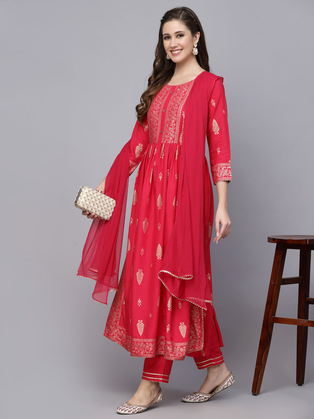 Gold Printed Rayon Naira Cut Kurta Pant Dupatta Set - Image 3