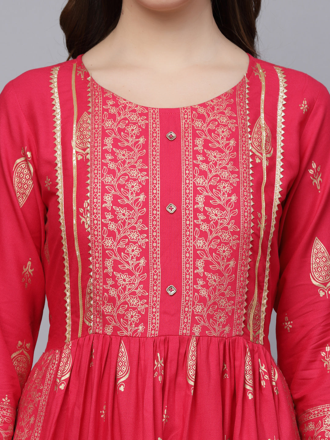 Gold Printed Rayon Naira Cut Kurta Pant Dupatta Set - Image 5