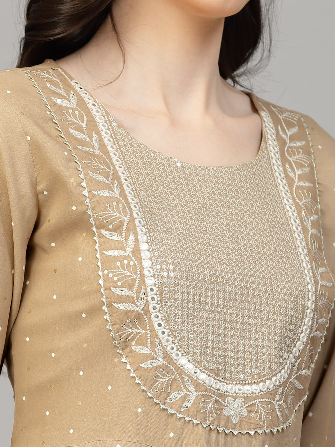 Printed & Embroidered Cotton Anarkali Kurta Pant Dupatta Set - Image 4