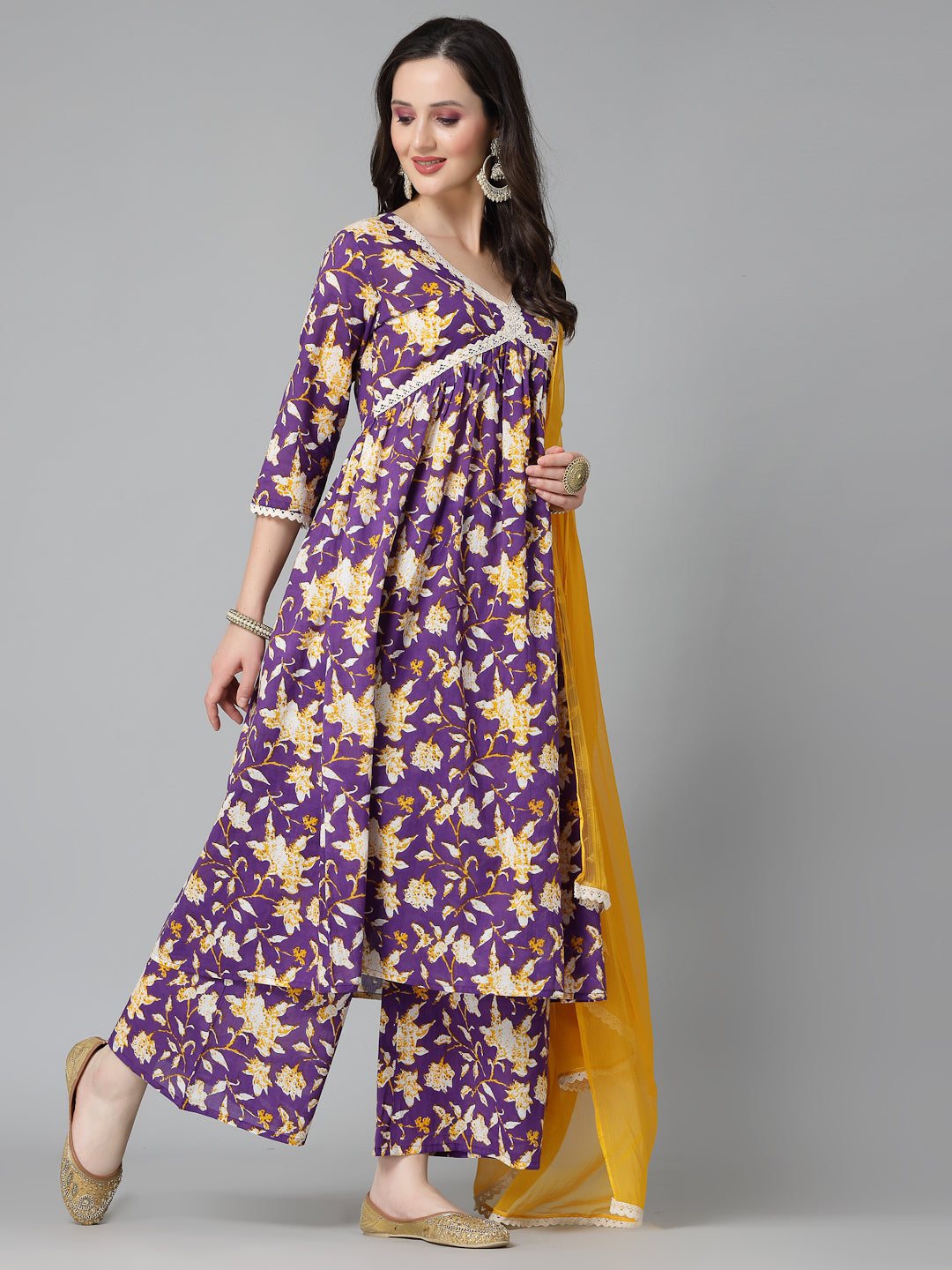 Floral Printed Cotton Pleated Kurta Palazzo Dupatta Set - Image 3