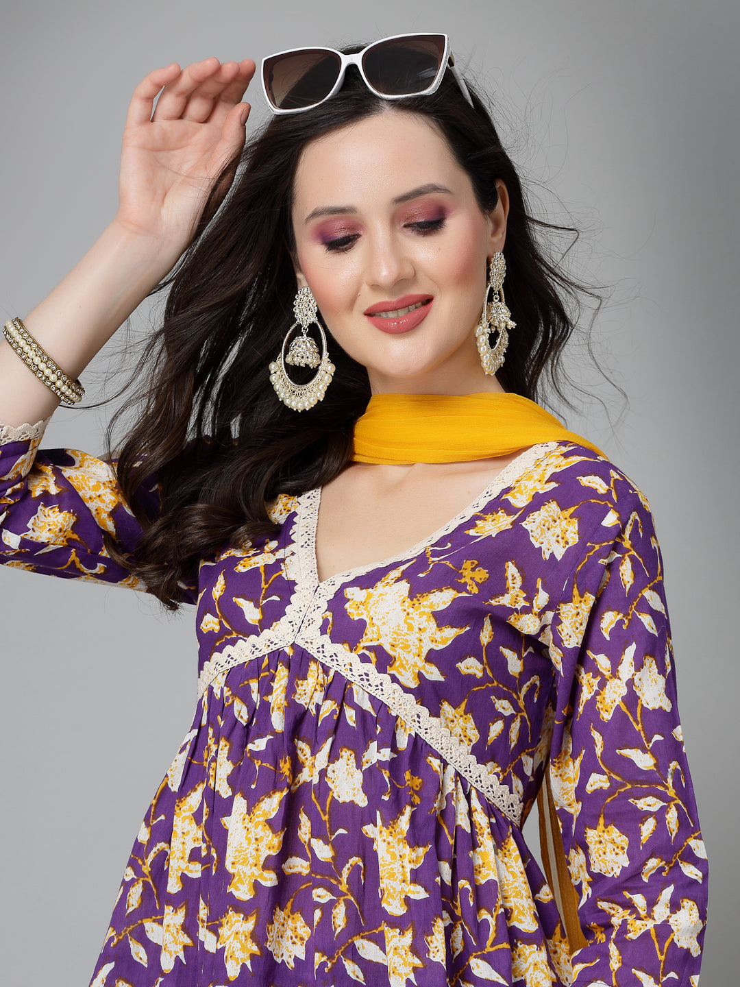 Floral Printed Cotton Pleated Kurta Palazzo Dupatta Set - Image 4