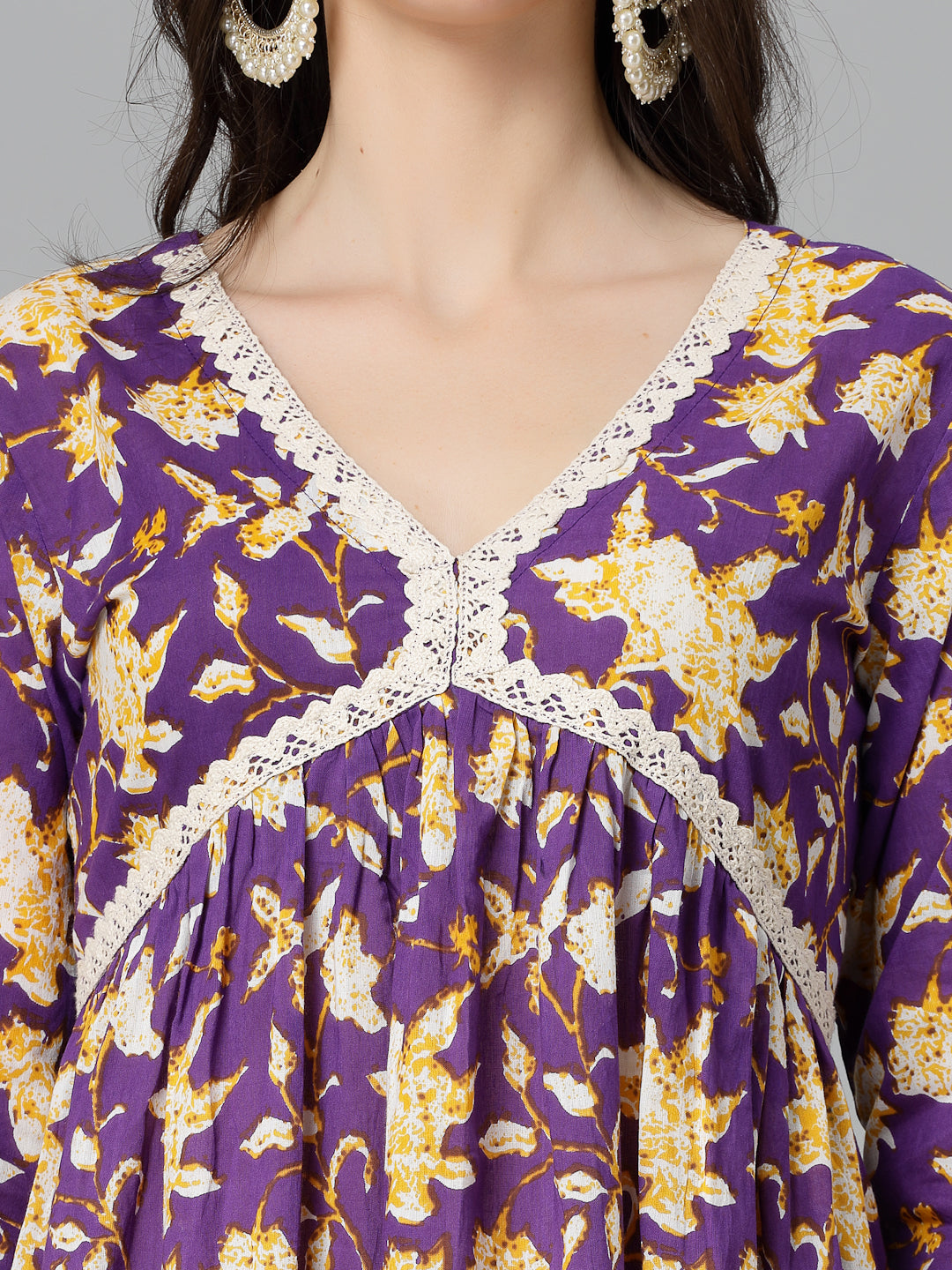 Floral Printed Cotton Pleated Kurta Palazzo Dupatta Set - Image 5