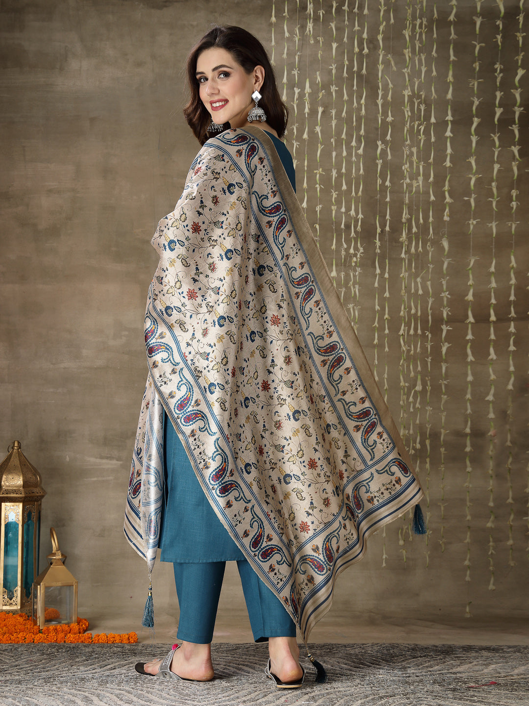 Embroidered Cotton Blend Straight Kurta Pant Dupatta Set - Image 2