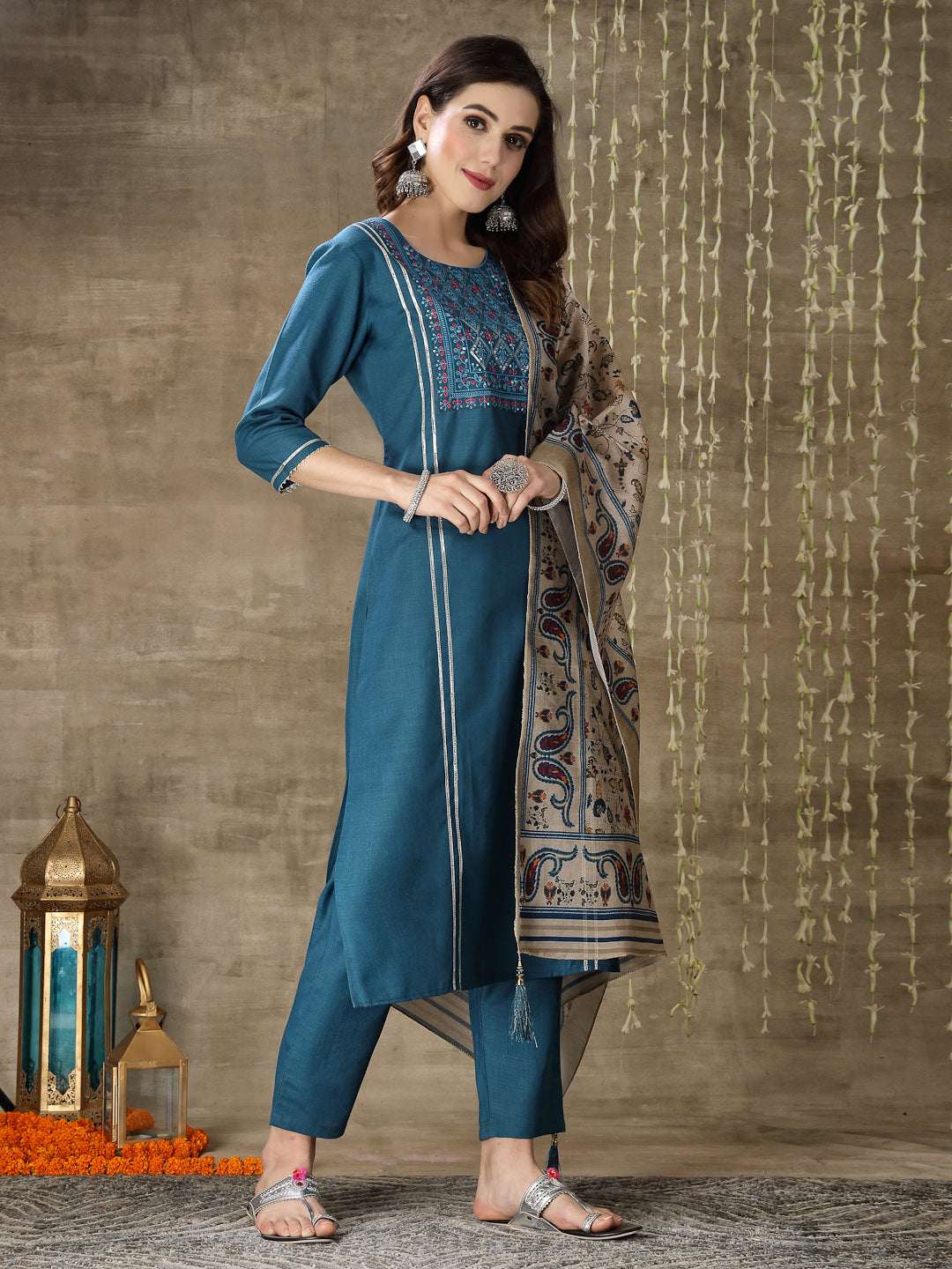 Embroidered Cotton Blend Straight Kurta Pant Dupatta Set - Image 3