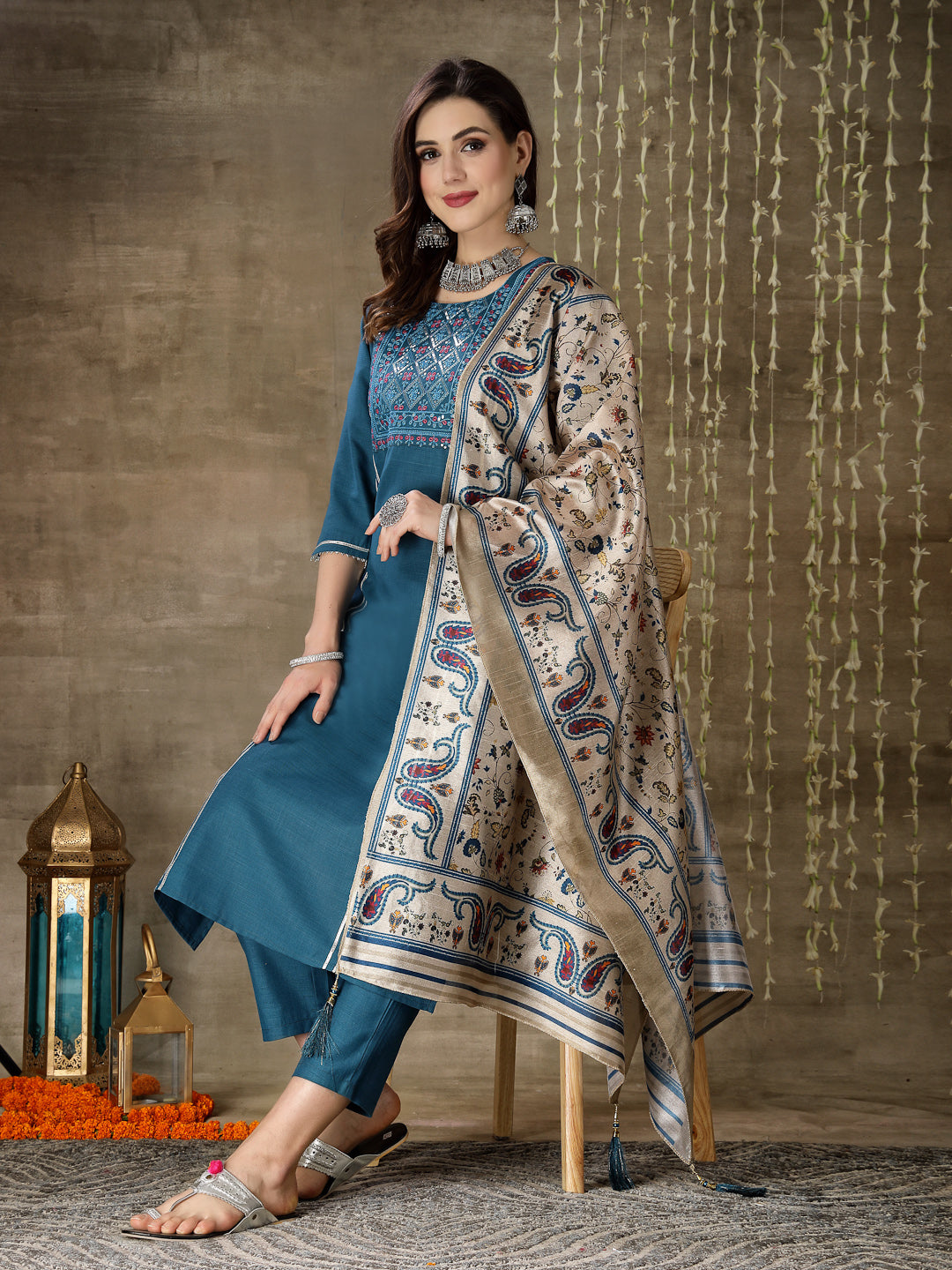 Embroidered Cotton Blend Straight Kurta Pant Dupatta Set - Image 4