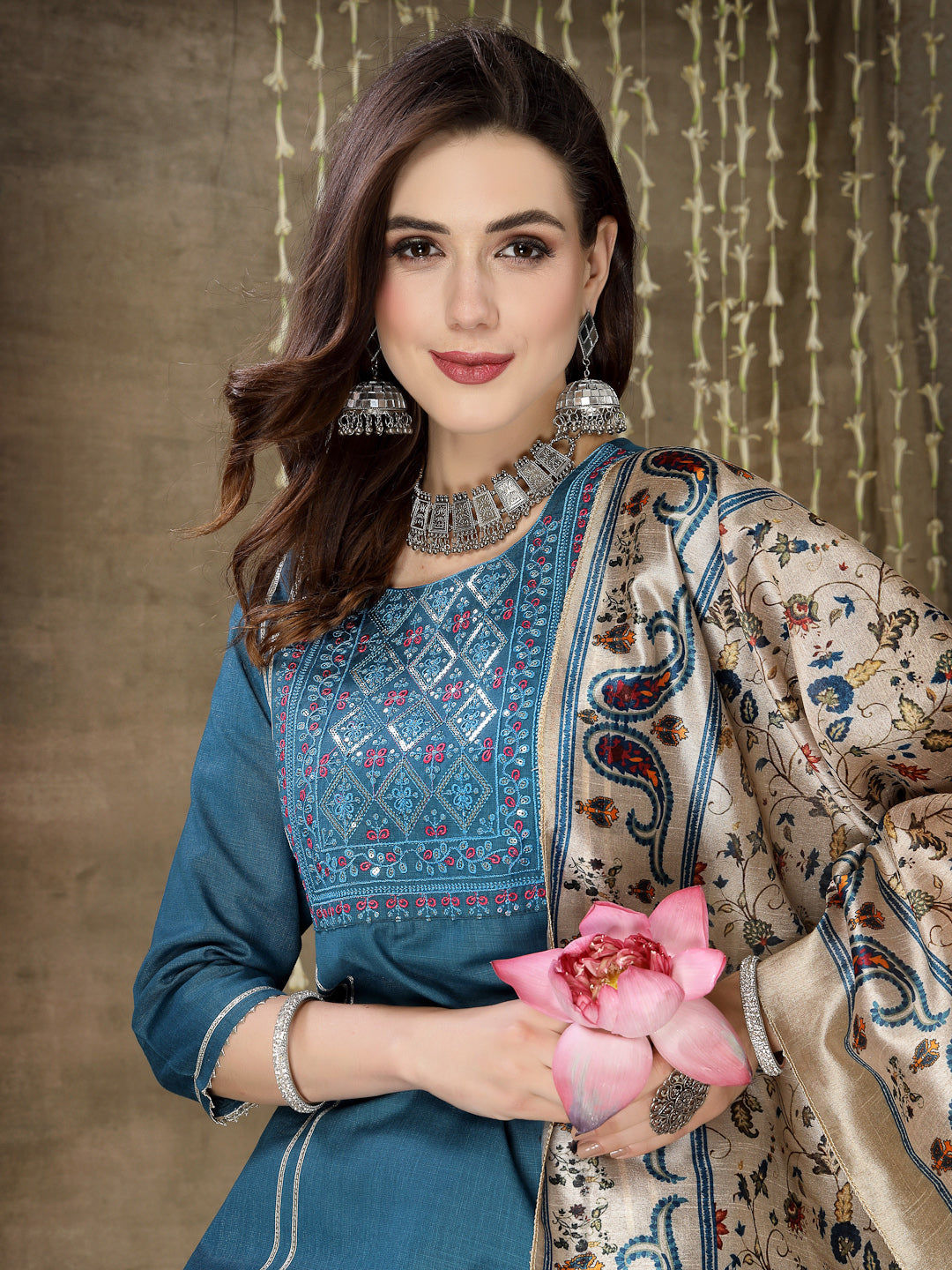 Embroidered Cotton Blend Straight Kurta Pant Dupatta Set - Image 5