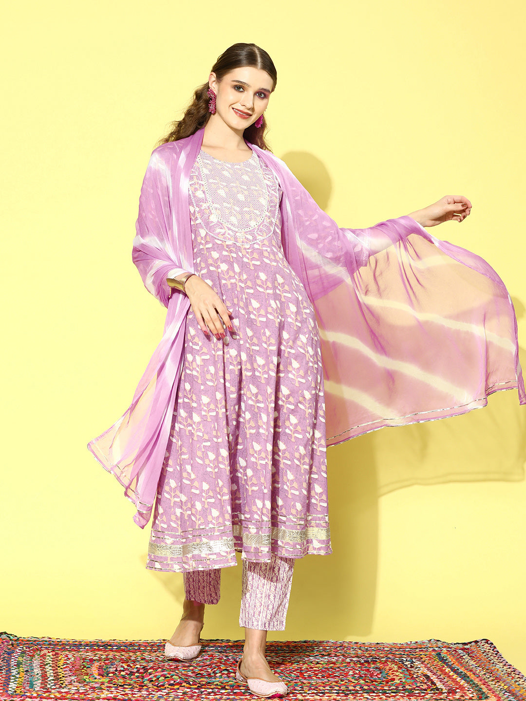 Printed Cotton Anarkali Kurta Pant Dupatta Set - Image 2