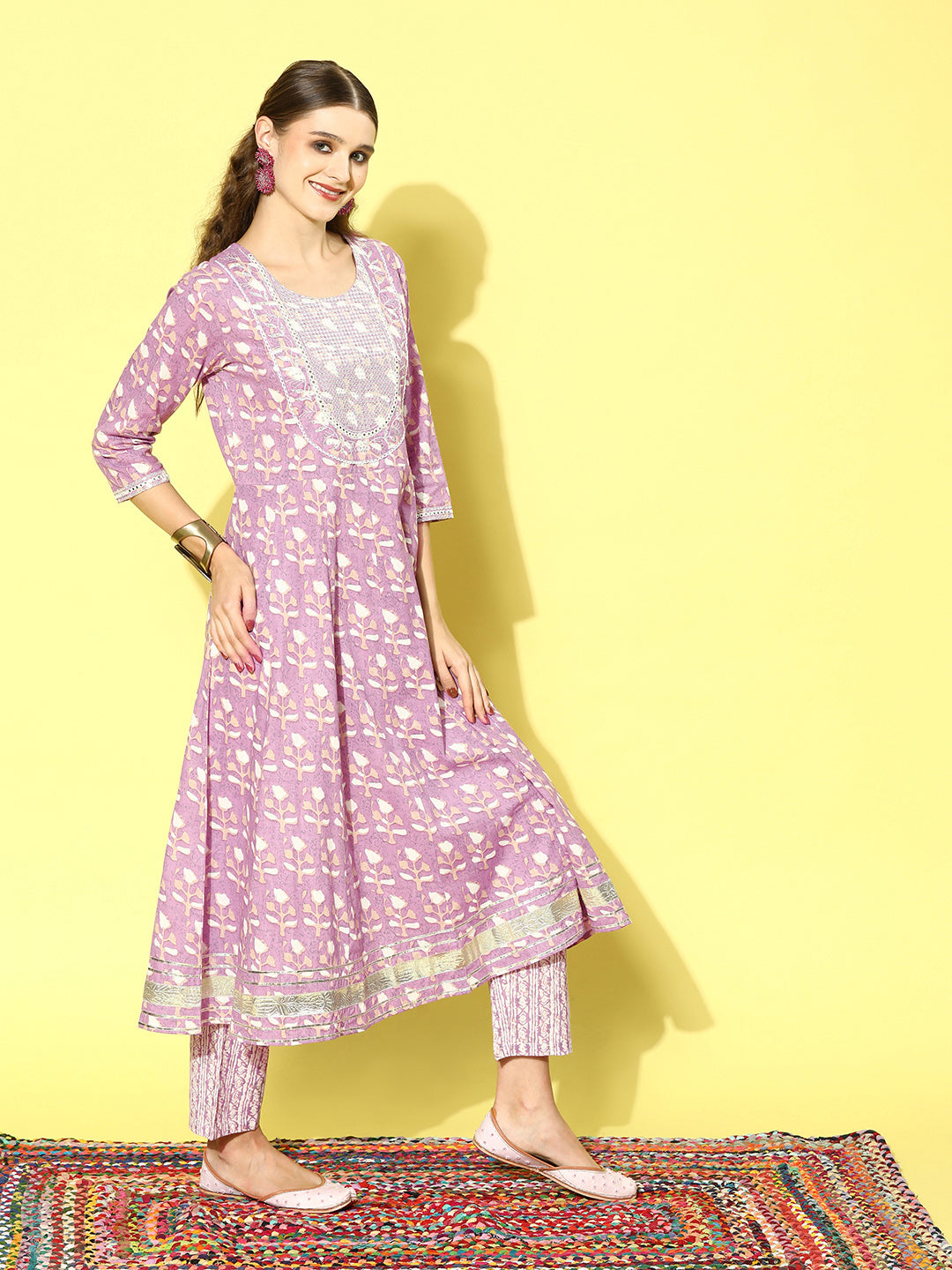 Printed Cotton Anarkali Kurta Pant Dupatta Set - Image 4