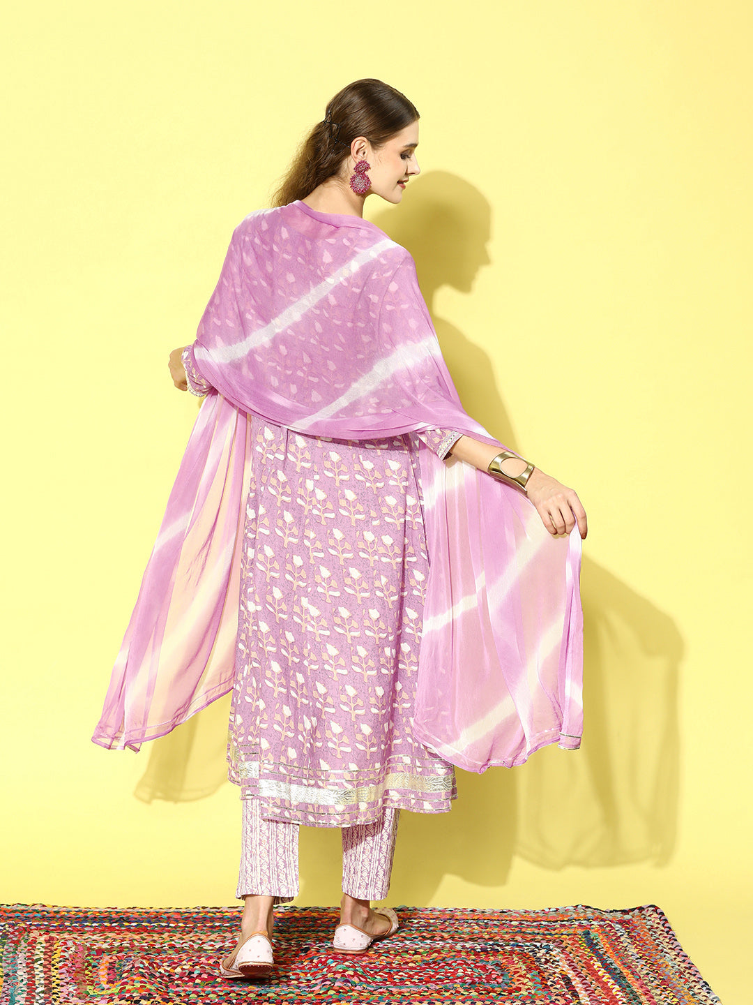 Printed Cotton Anarkali Kurta Pant Dupatta Set - Image 5