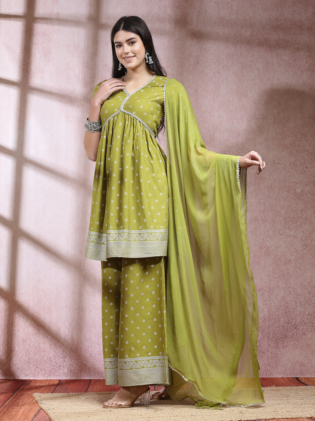 Ethnic Motif Printed Naira Cut Rayon Kurta Palazzo Dupatta Set - Image 2