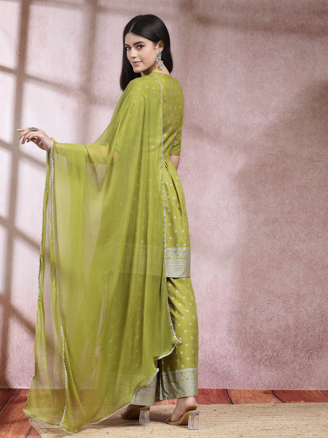 Ethnic Motif Printed Naira Cut Rayon Kurta Palazzo Dupatta Set - Image 3