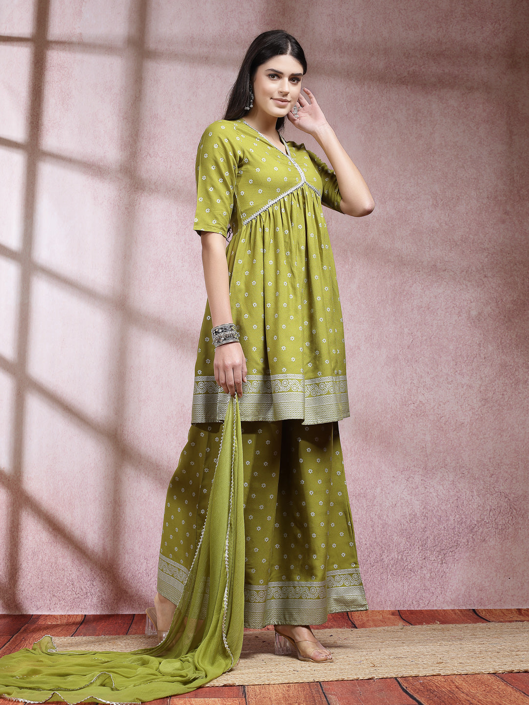 Ethnic Motif Printed Naira Cut Rayon Kurta Palazzo Dupatta Set - Image 4