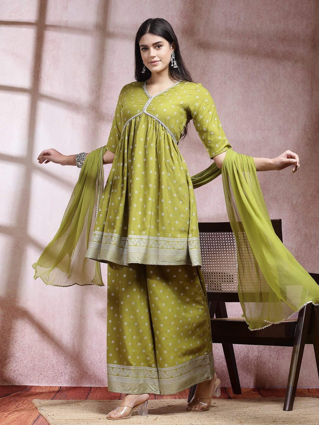Ethnic Motif Printed Naira Cut Rayon Kurta Palazzo Dupatta Set - Image 6