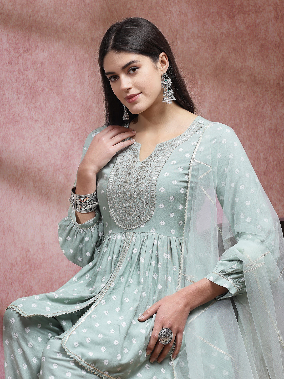 Bandhani Printed & Embroidered Rayon Pleated Kurti With Dhoti Pant & Dupatta Set - Image 6