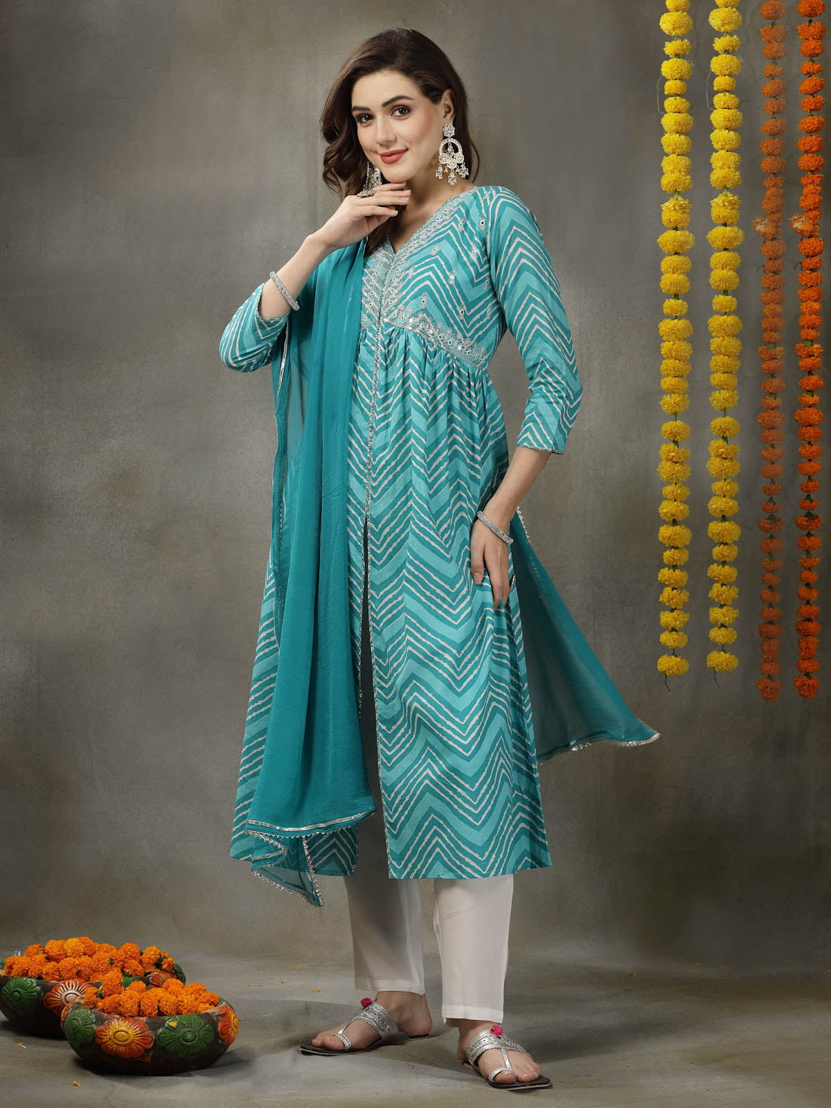 Lehriya Printed & Embroidered Cotton Alia Cut Kurta Pant Dupatta Set - Image 2