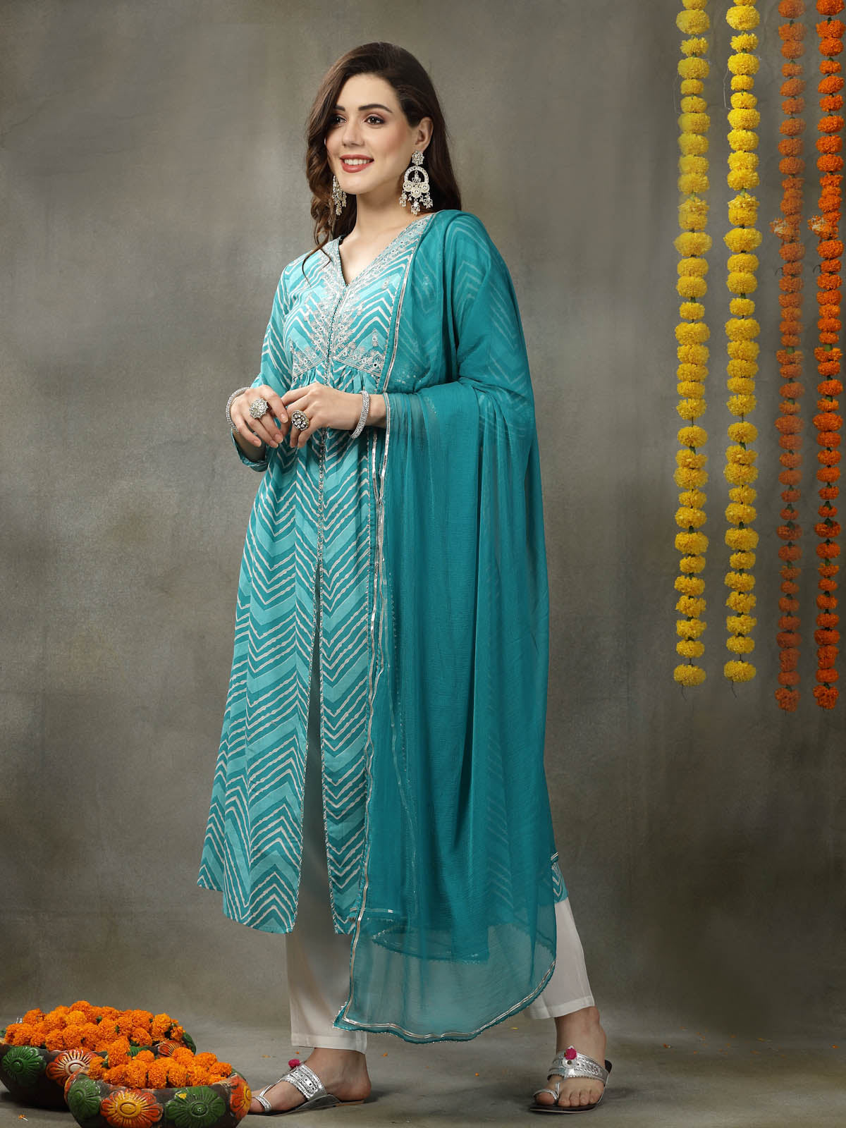 Lehriya Printed & Embroidered Cotton Alia Cut Kurta Pant Dupatta Set - Image 3