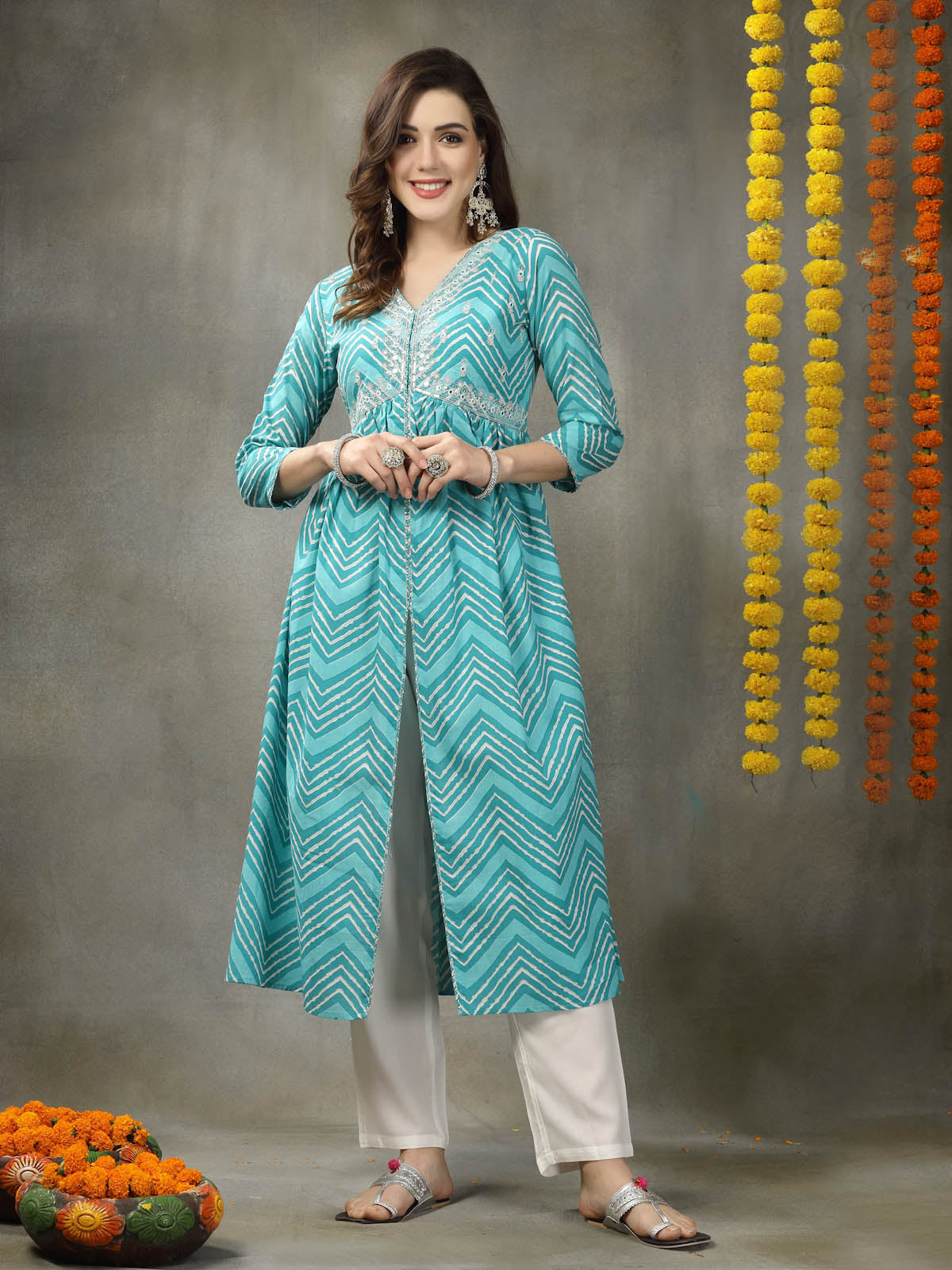 Lehriya Printed & Embroidered Cotton Alia Cut Kurta Pant Dupatta Set - Image 4