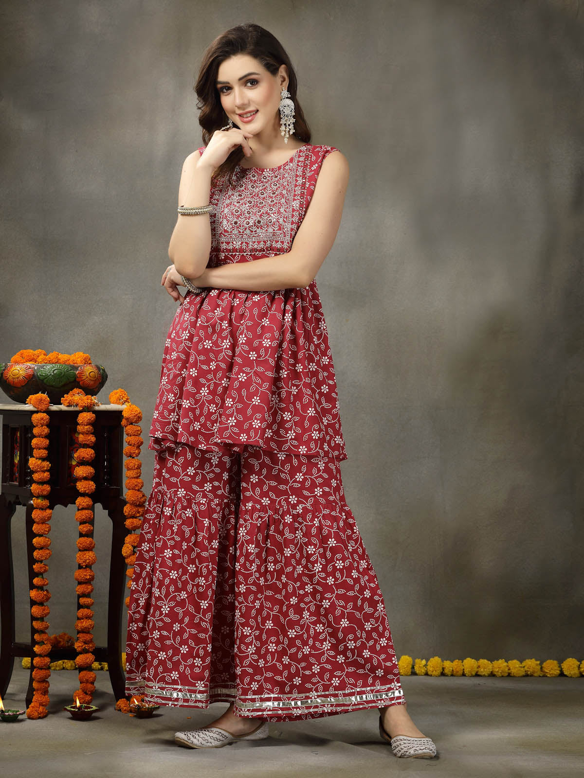 Floral Printed & Embroidered Rayon Pleated Kurta Sharara Dupatta Set - Image 2