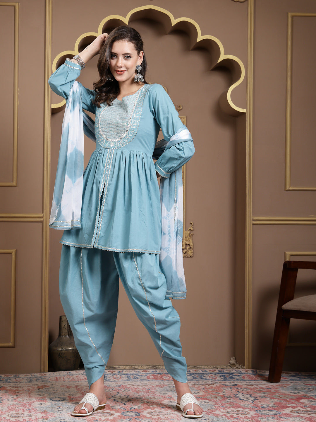Solid & Embroidered Cotton Pleated Kurti With Dhoti Pant & Dupatta Set - Image 5