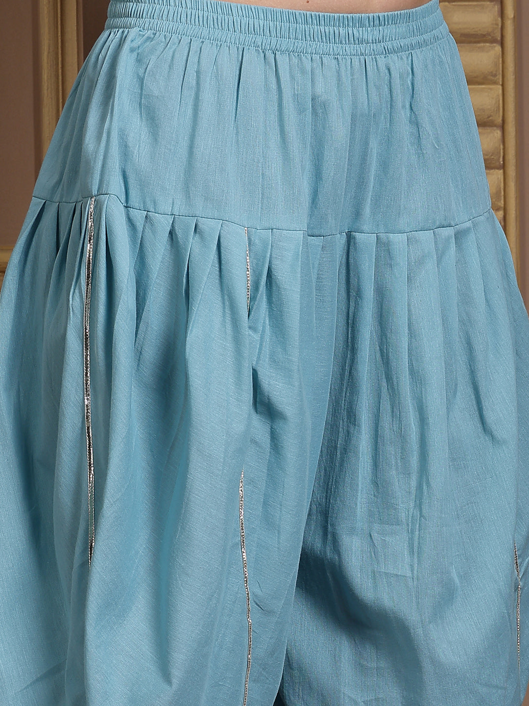 Solid & Embroidered Cotton Pleated Kurti With Dhoti Pant & Dupatta Set - Image 6