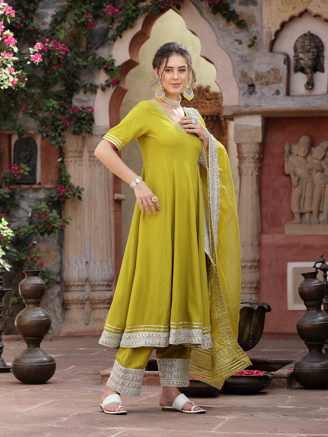 Solid Rayon Anarkali Kurta Pant & Dupatta Set - Image 3