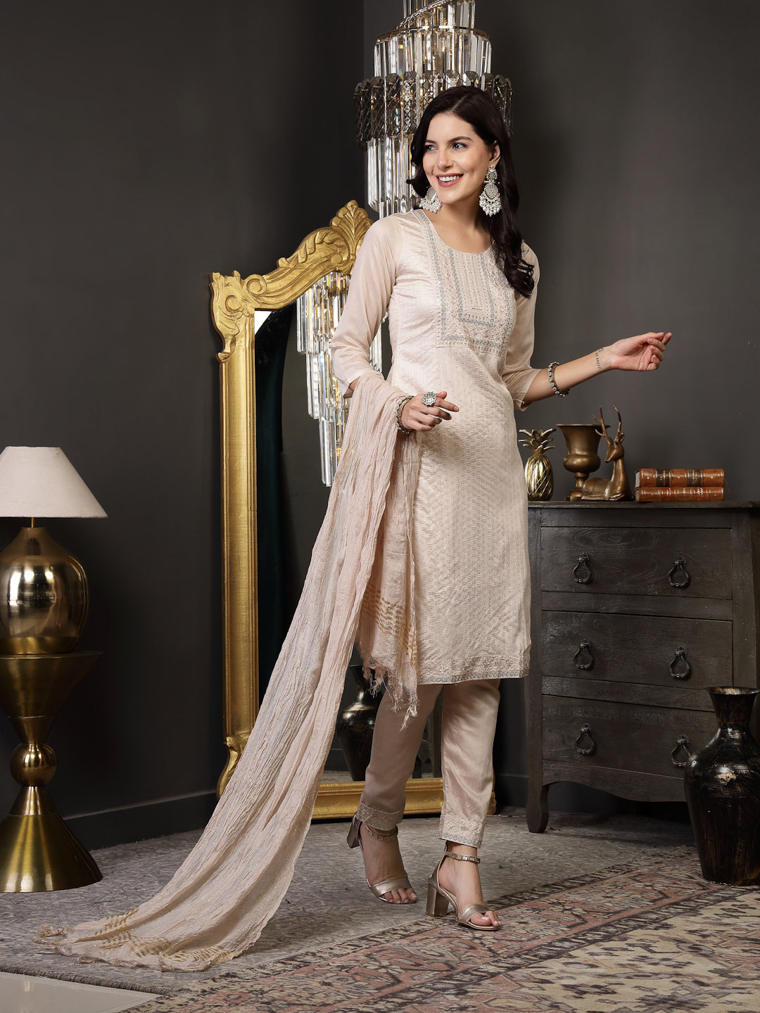 Beige Woven Design & Embroidered Silk Blend Straight Kurta Pant Dupatta Set - Image 4