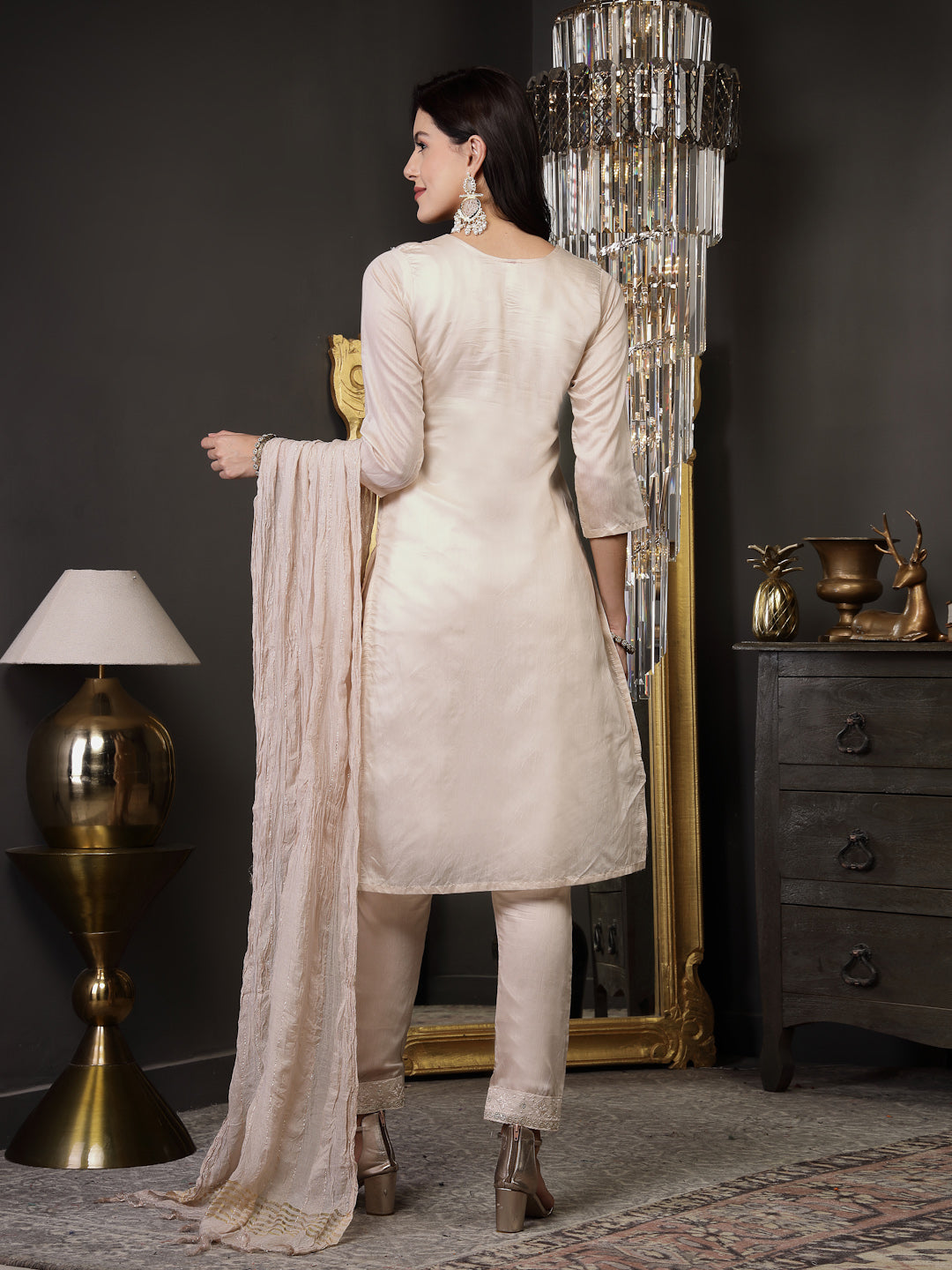 Beige Woven Design & Embroidered Silk Blend Straight Kurta Pant Dupatta Set - Image 2