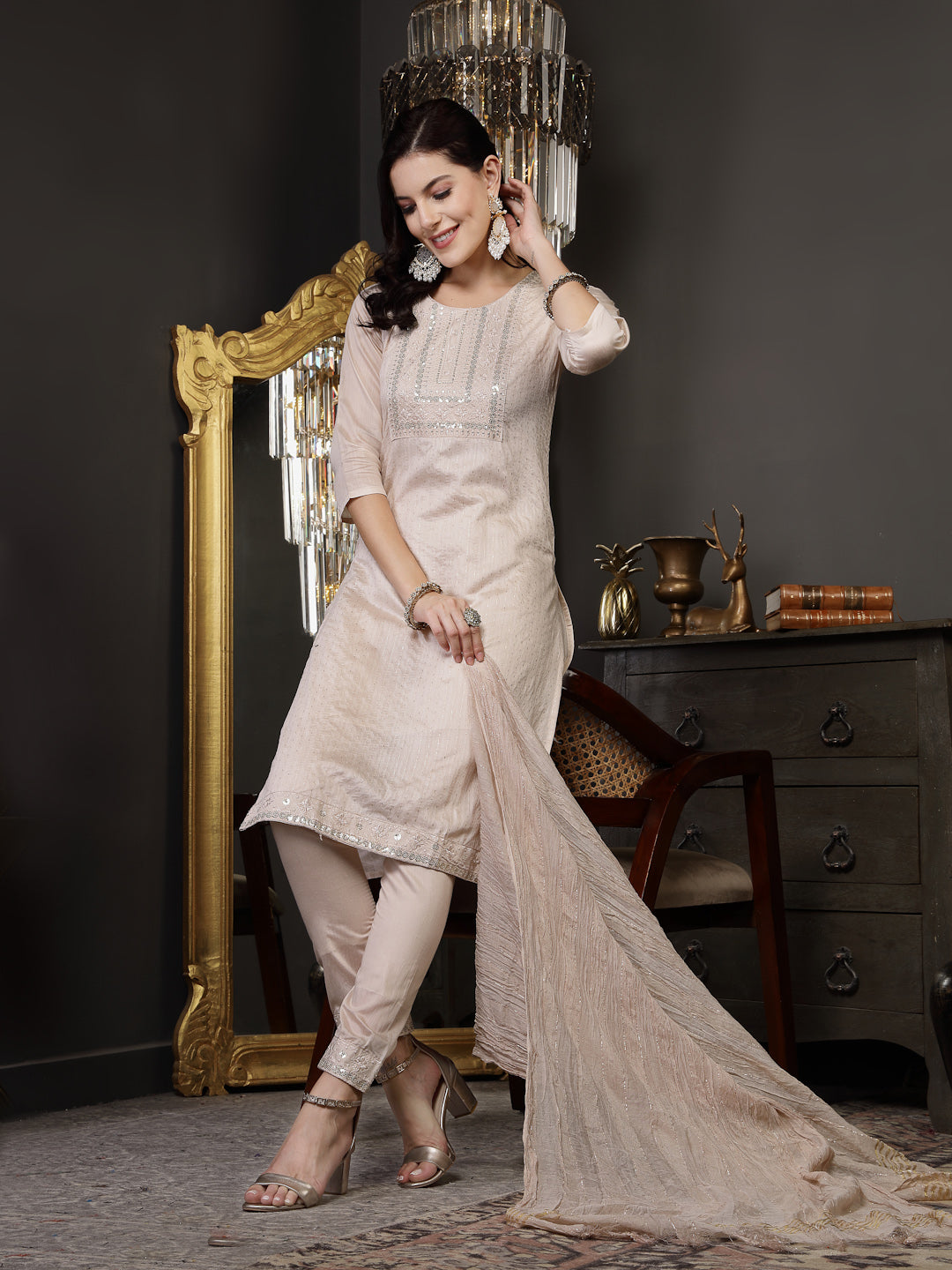 Beige Woven Design & Embroidered Silk Blend Straight Kurta Pant Dupatta Set - Image 5