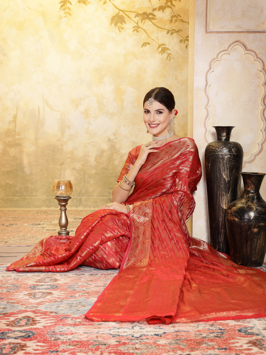 Maroon Geometric Print Woven Zari Border Organza Saree - Image 3