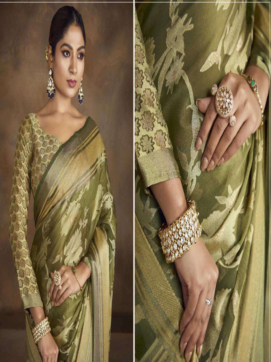 Mehndi Green Floral Print Moss Brasso Saree - Image 2