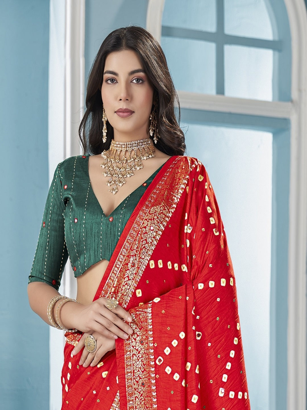Red Bhandej Aari Work Crushed Silk Saree - Image 4