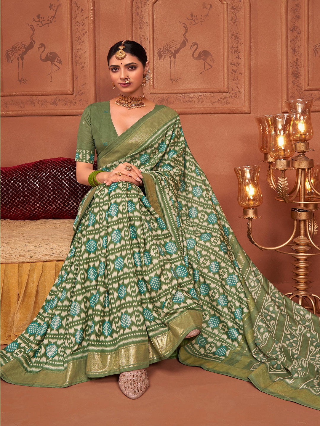 Mehndi Ikat Motifs Printed Foil Border Silk Saree - Image 2