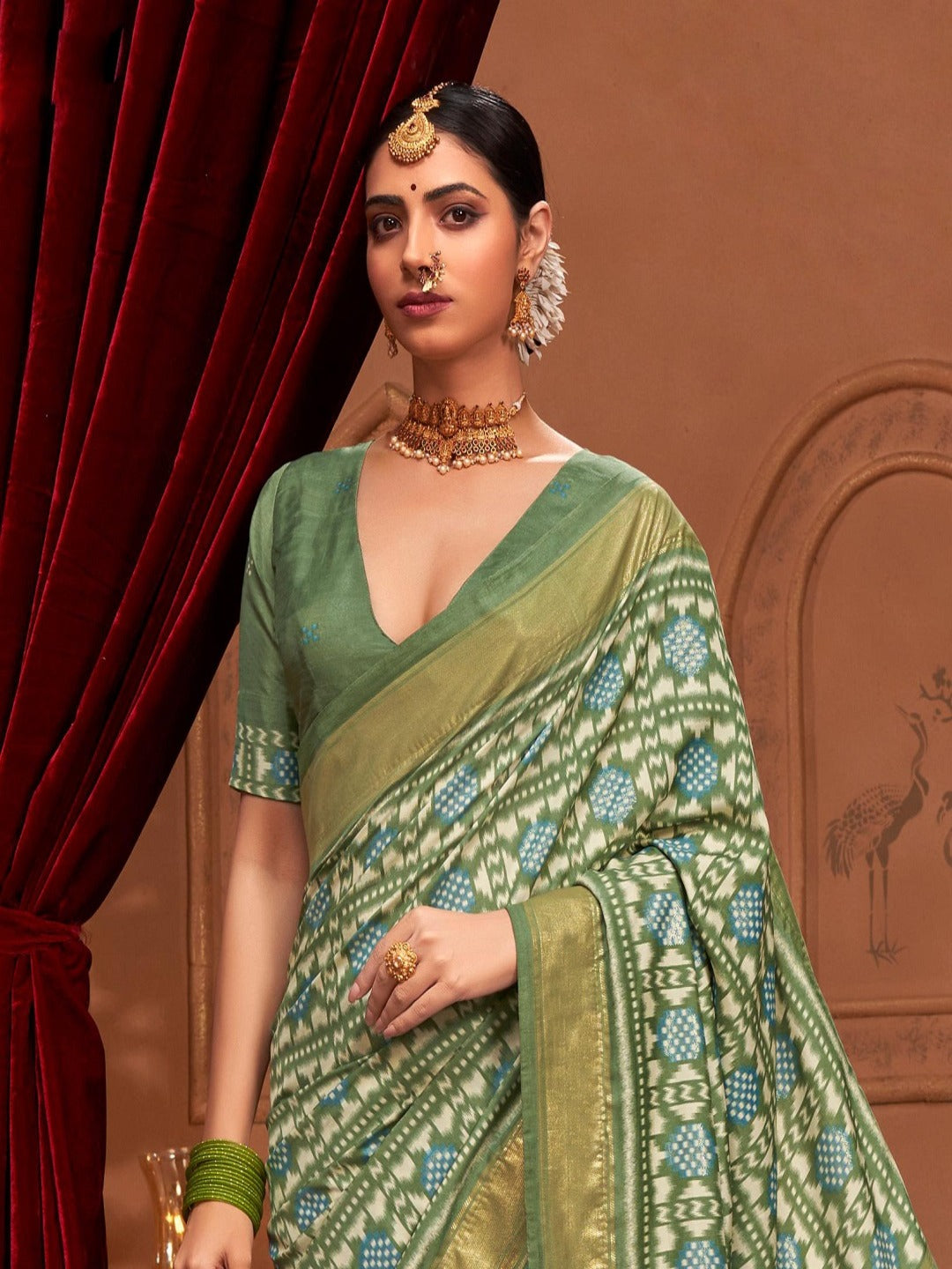 Mehndi Ikat Motifs Printed Foil Border Silk Saree - Image 3