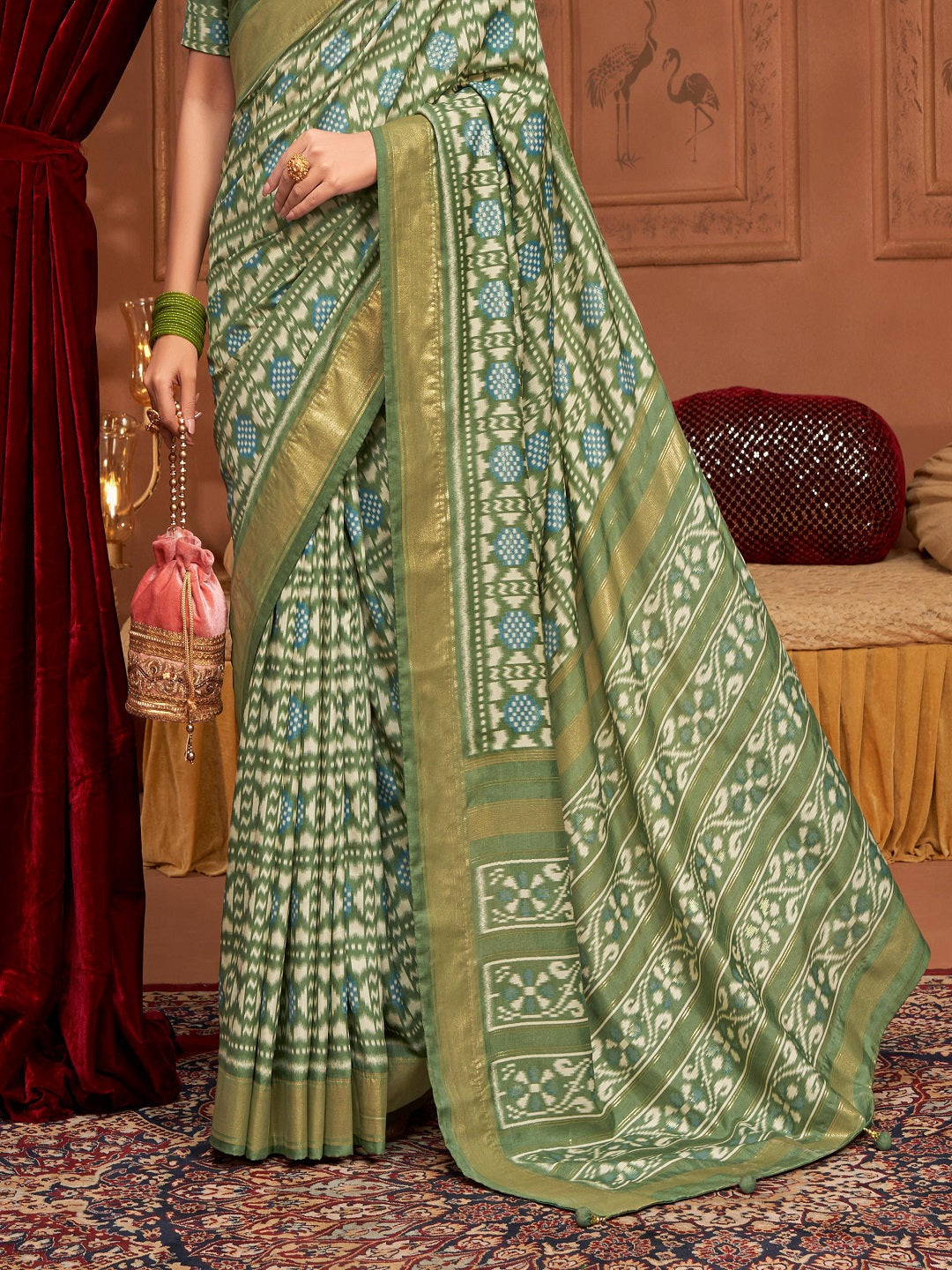 Mehndi Ikat Motifs Printed Foil Border Silk Saree - Image 4