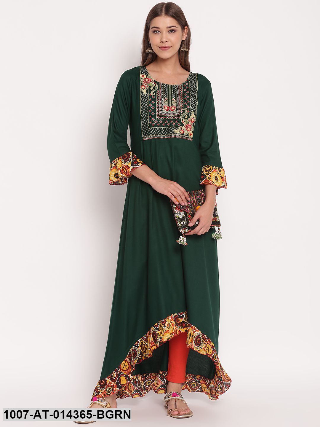 Embroidered Rayon High Low Kurta (Bottle Green)