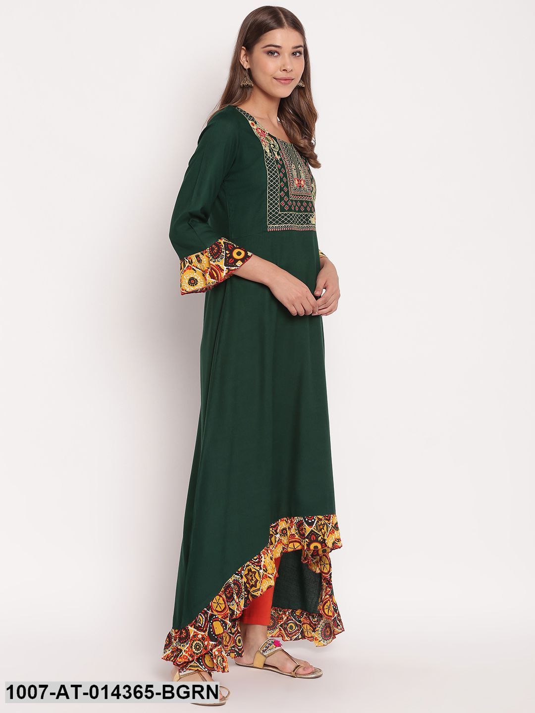Embroidered Rayon High Low Kurta (Bottle Green) - Image 3