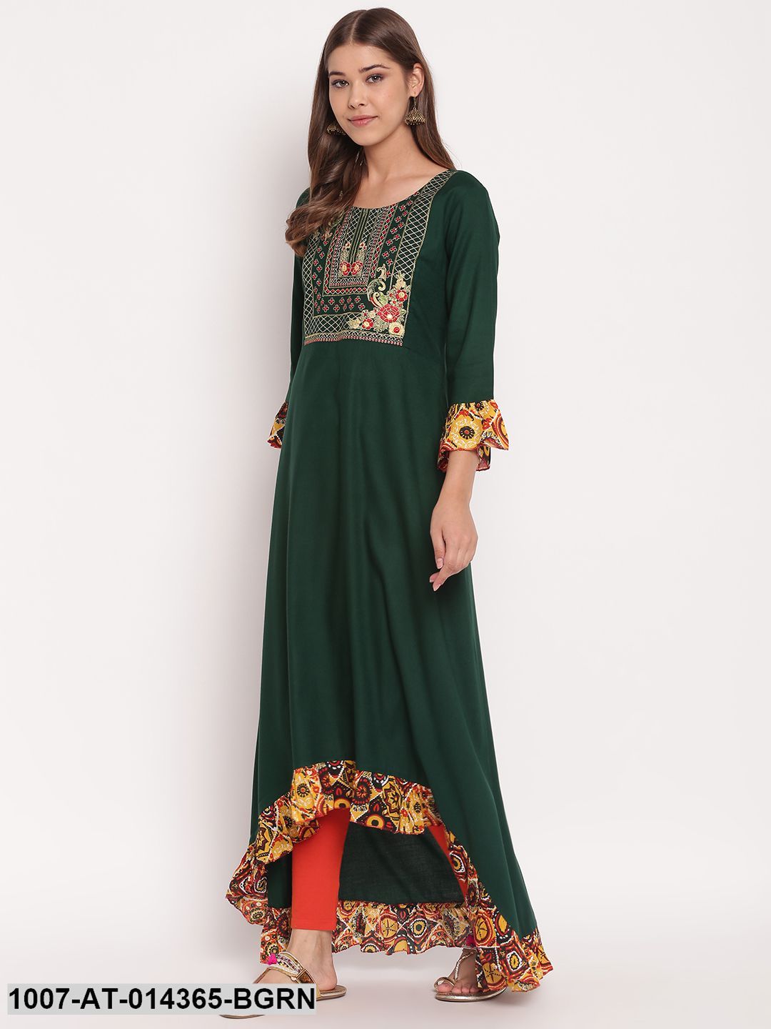 Embroidered Rayon High Low Kurta (Bottle Green) - Image 4