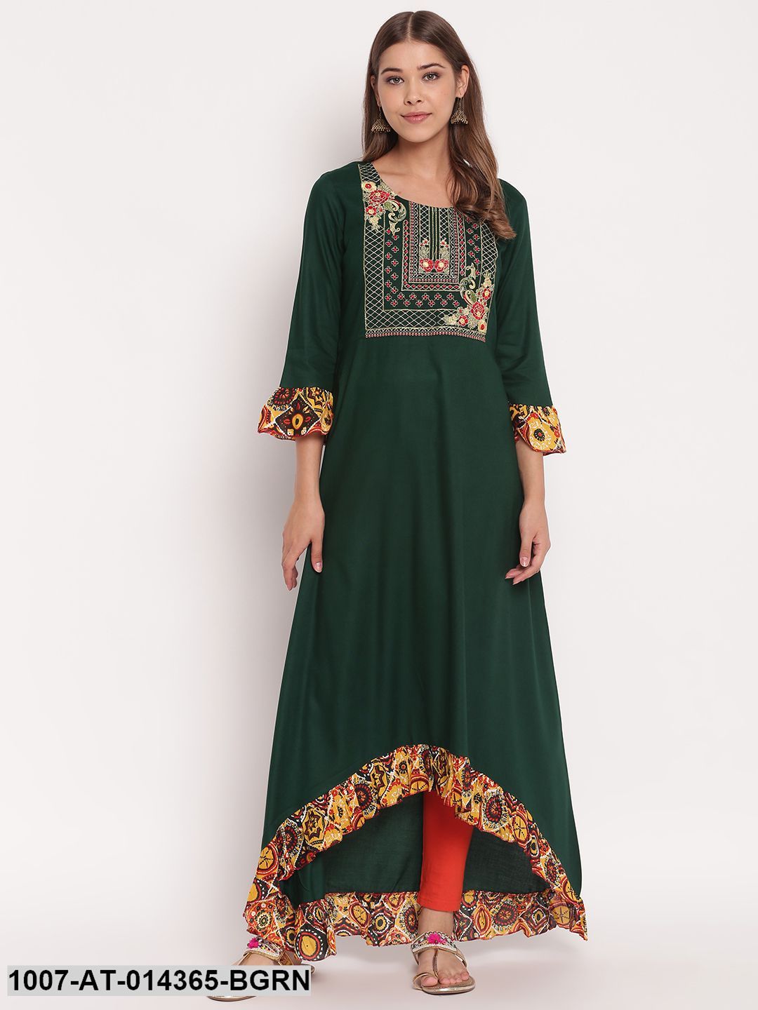 Embroidered Rayon High Low Kurta (Bottle Green) - Image 5