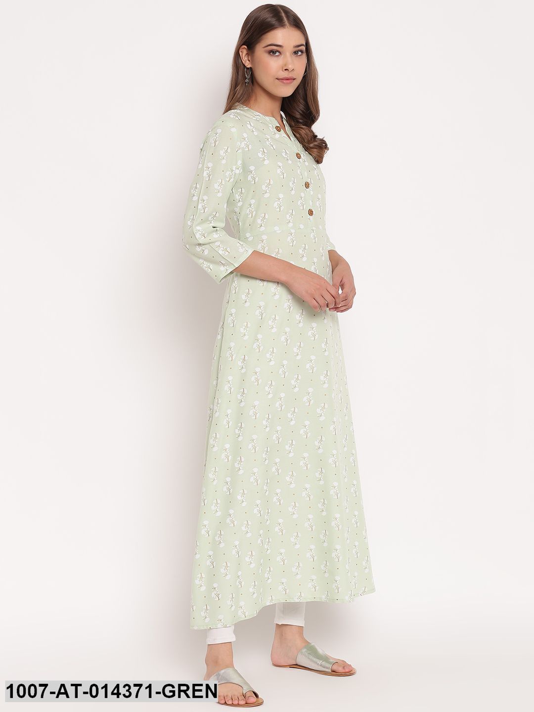 Floral Print Rayon A-Line Kurta (Pastel Green) - Image 3