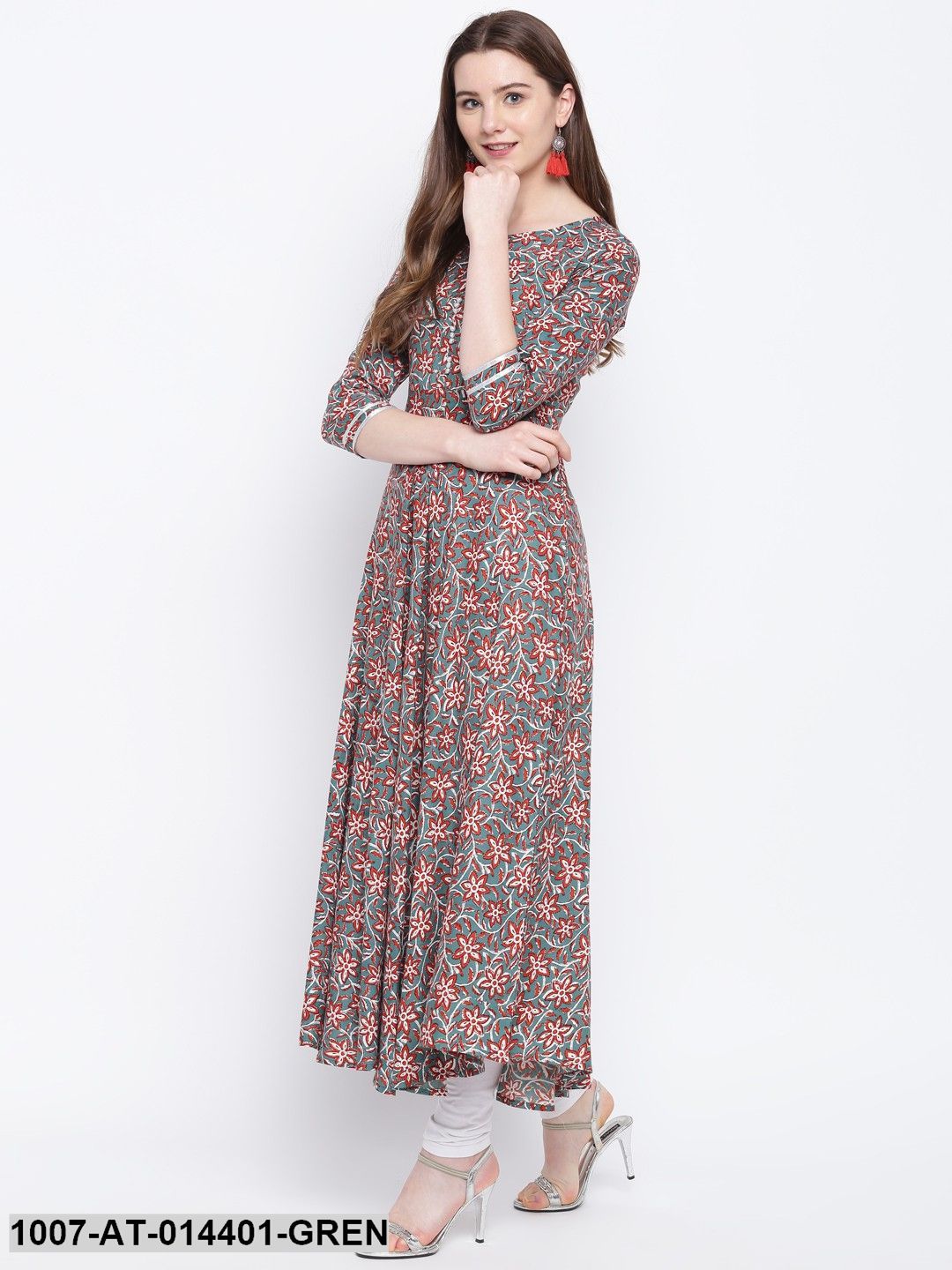 Kalamkari Print Rayon Flared Kurta (Green) - Image 3