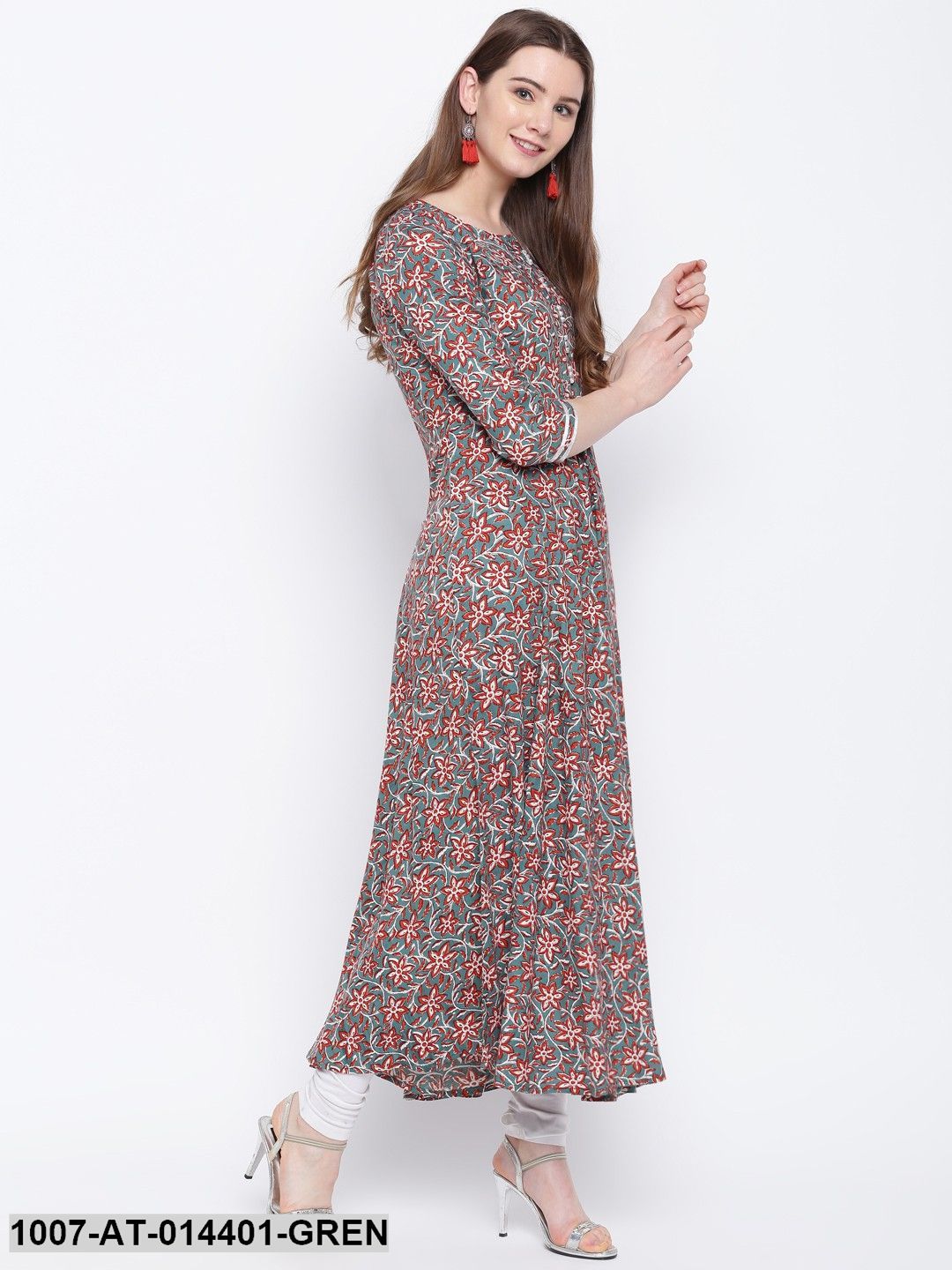 Kalamkari Print Rayon Flared Kurta (Green) - Image 4