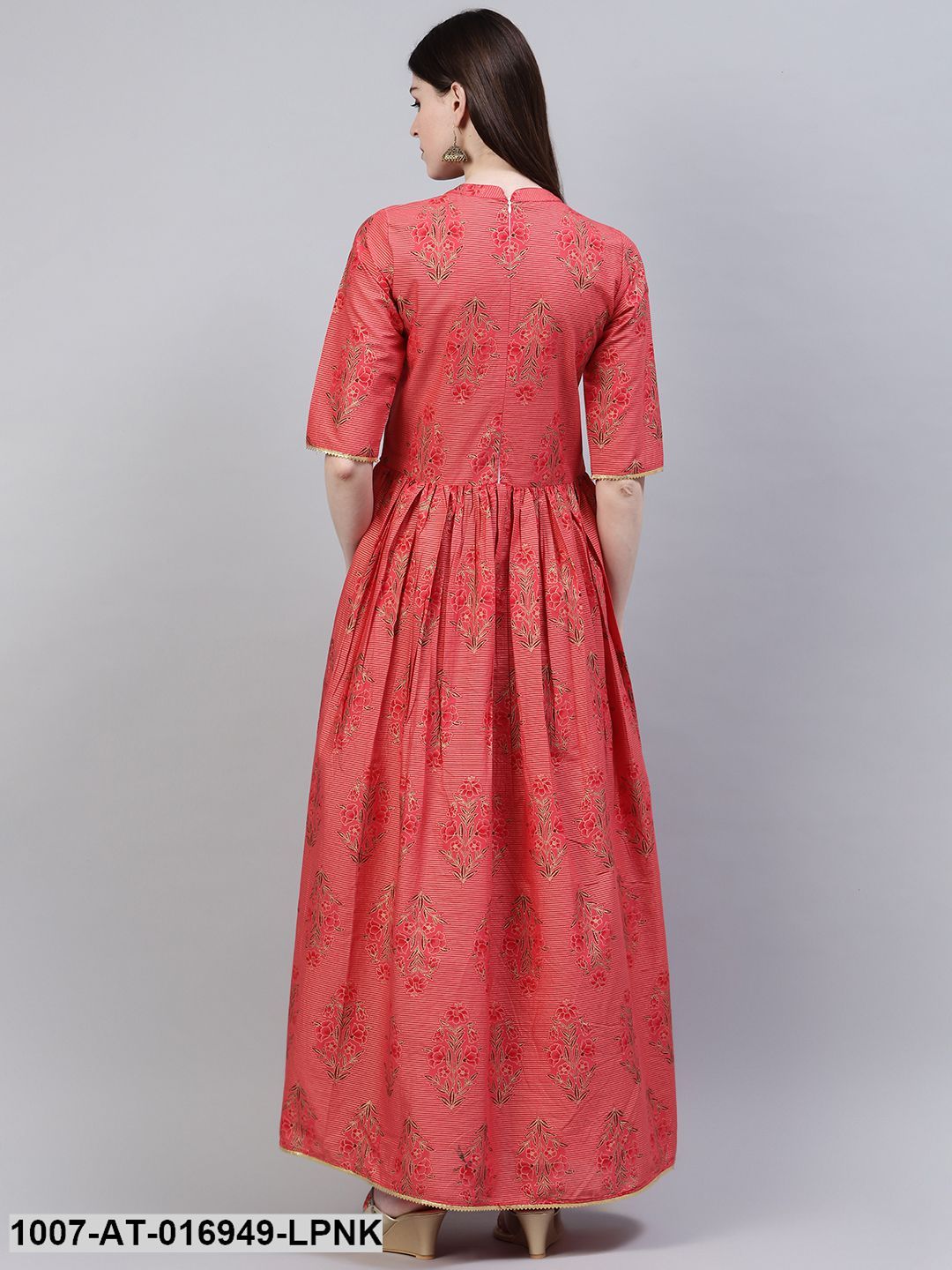 Floral Print Cotton Front Slit Kurta (Peach) - Image 4