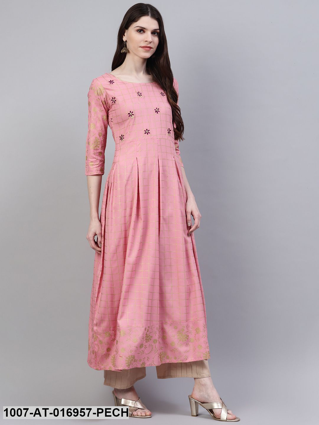 Checkered Rayon Flared Kurta (Peach) - Image 4